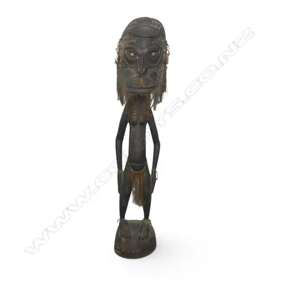 PNG PAINTED  HAND CARVED WOODEN SCULPTURE OF AN ANCESTOR, NATURAL FIBER BEARD, PREVIOUS REPAIR TO HEAD, 1600 X 350MM