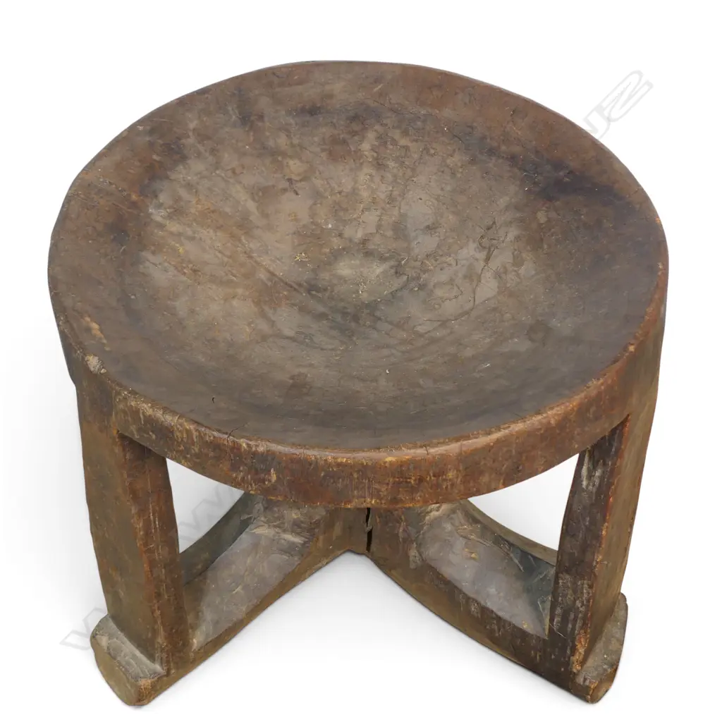 ETHIOPIAN (GURAGE TRIBE) CARVED TRIPOD WOODEN STOOL FOR THE CHIEFS, AGED CRACKS,H.370MM DIA 390MM Image 1++