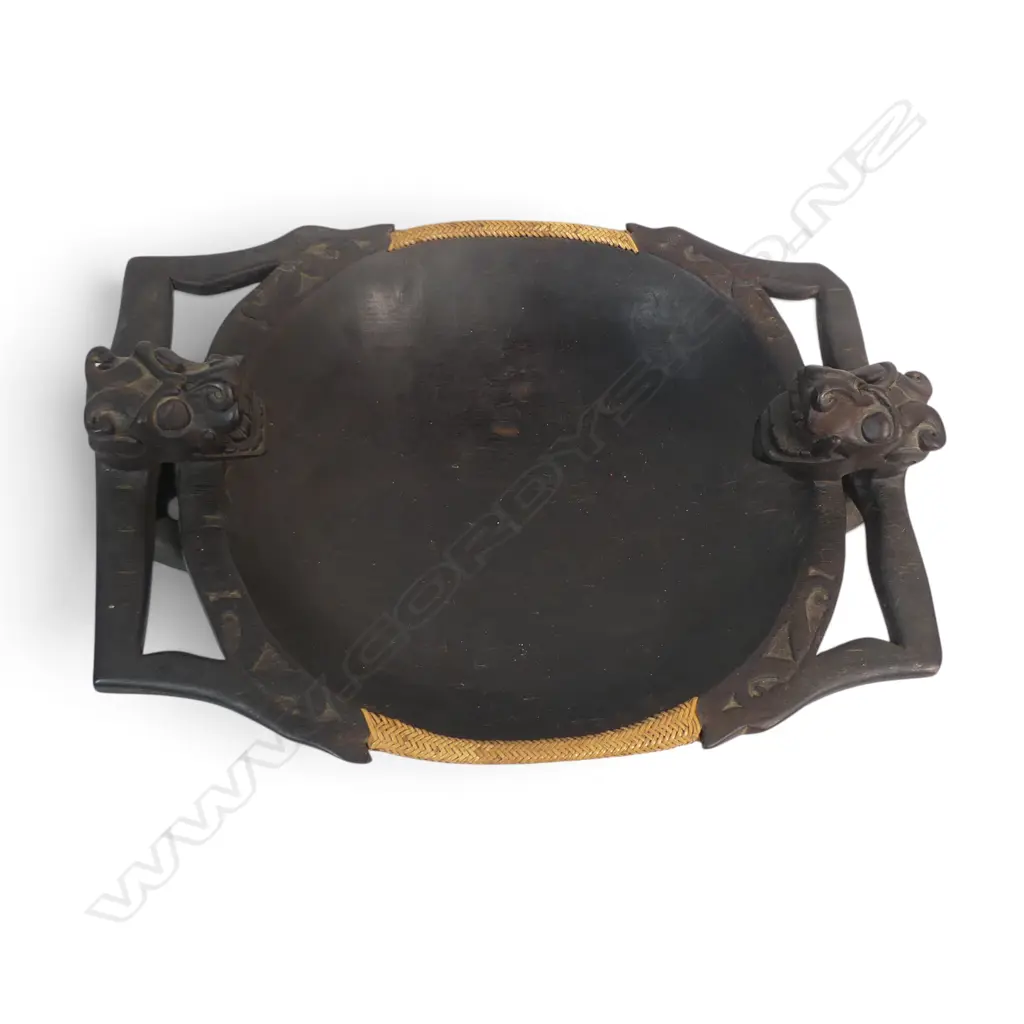 LG WOODEN HAND CARVED CEREMONIAL BOWL (DAYAK PEOPLE /BORNEO) WITH ASO DRAGON-DOG MYTHICAL GUARDIAN FIGURES , 540 X 400MM Image 1++