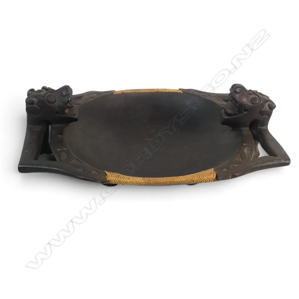 LG WOODEN HAND CARVED CEREMONIAL BOWL (DAYAK PEOPLE /BORNEO) WITH ASO DRAGON-DOG MYTHICAL GUARDIAN FIGURES , 540 X 400MM Image 1++