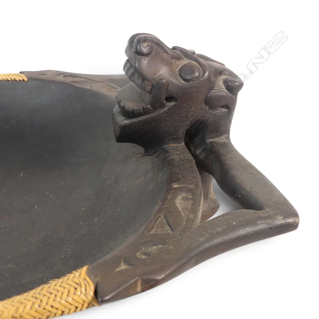 LG WOODEN HAND CARVED CEREMONIAL BOWL (DAYAK PEOPLE /BORNEO) WITH ASO DRAGON-DOG MYTHICAL GUARDIAN FIGURES , 540 X 400MM Image 1++