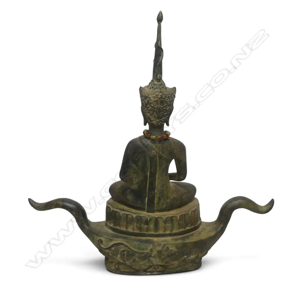 THAI AYUTTHAYA STYLE BRONZED BUDDHA MEDITATING ON A BOAT-SHAPE BASE, PROMINENT USHNISHA CROWN & NECKLACE, 690 X 690MM Image 1++