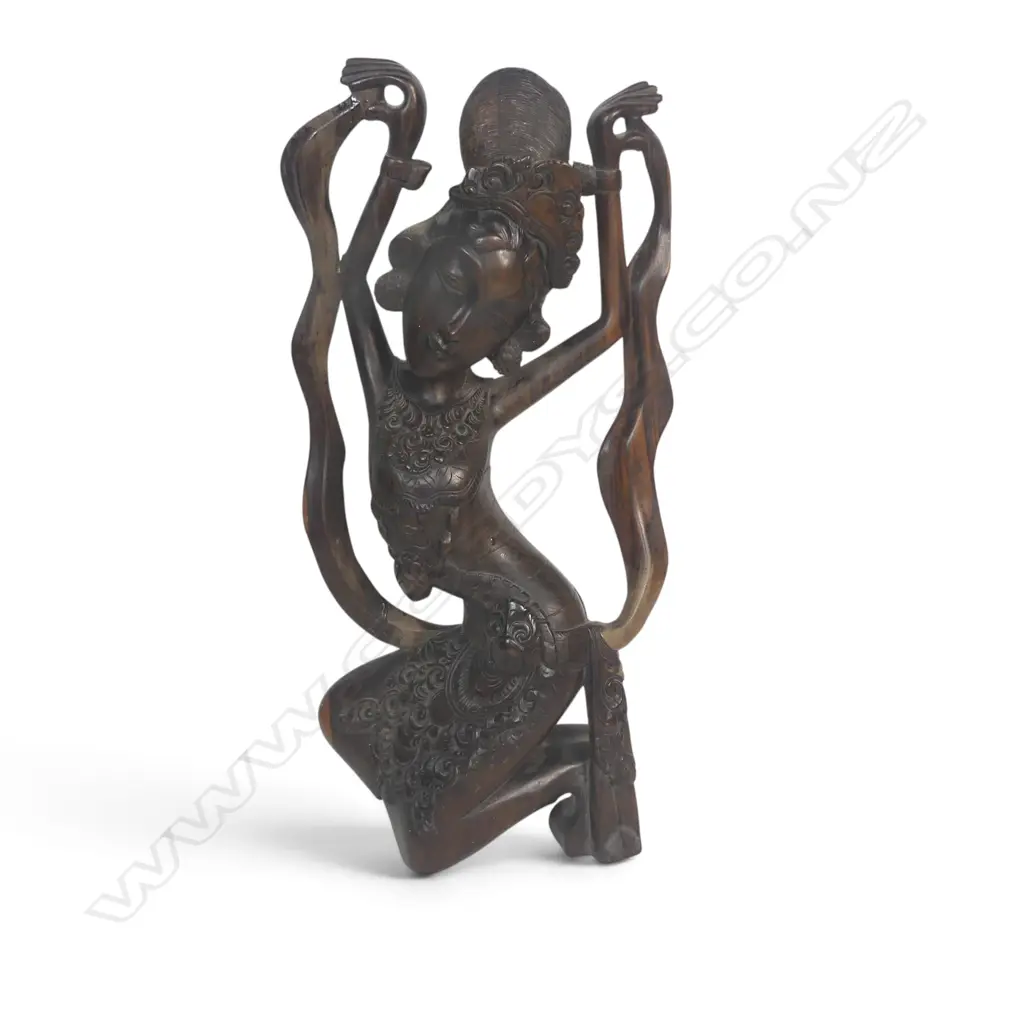 VINTAGE BALINESE FOLK ART HAND CARVED SCULPTURE OF A TRADITIONAL FEMALE DANCER, REPAIR TO LEFT SIDE, 380 X 190MM Image 1++