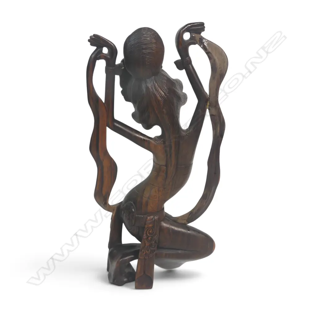 VINTAGE BALINESE FOLK ART HAND CARVED SCULPTURE OF A TRADITIONAL FEMALE DANCER, REPAIR TO LEFT SIDE, 380 X 190MM Image 1++