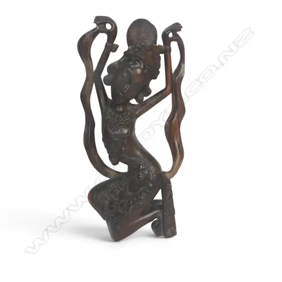 VINTAGE BALINESE FOLK ART HAND CARVED SCULPTURE OF A TRADITIONAL FEMALE DANCER, REPAIR TO LEFT SIDE, 380 X 190MM