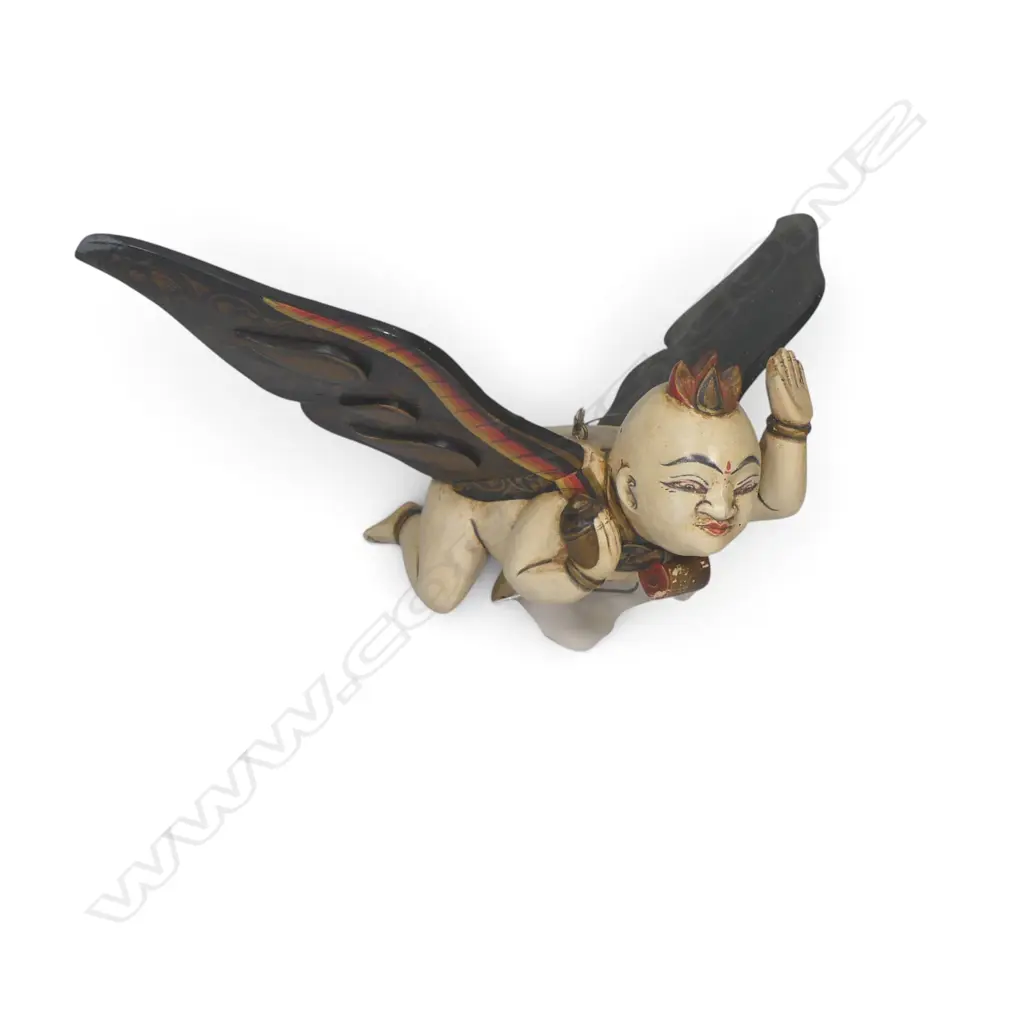 INDONESIAN POLYCHROME FLYING SPIRIT CARVED IN LIGHT WOOD WITH HOOK. L.470MM Image 1++