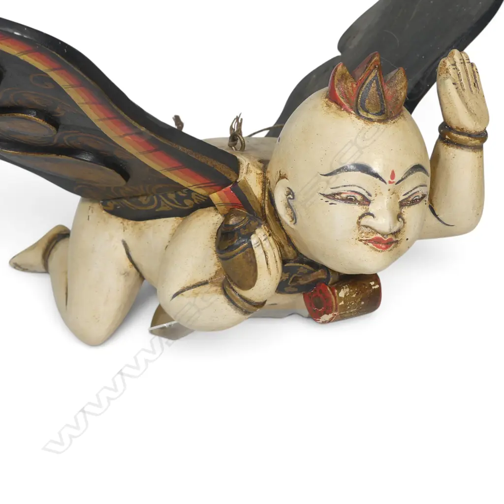 INDONESIAN POLYCHROME FLYING SPIRIT CARVED IN LIGHT WOOD WITH HOOK. L.470MM Image 1++