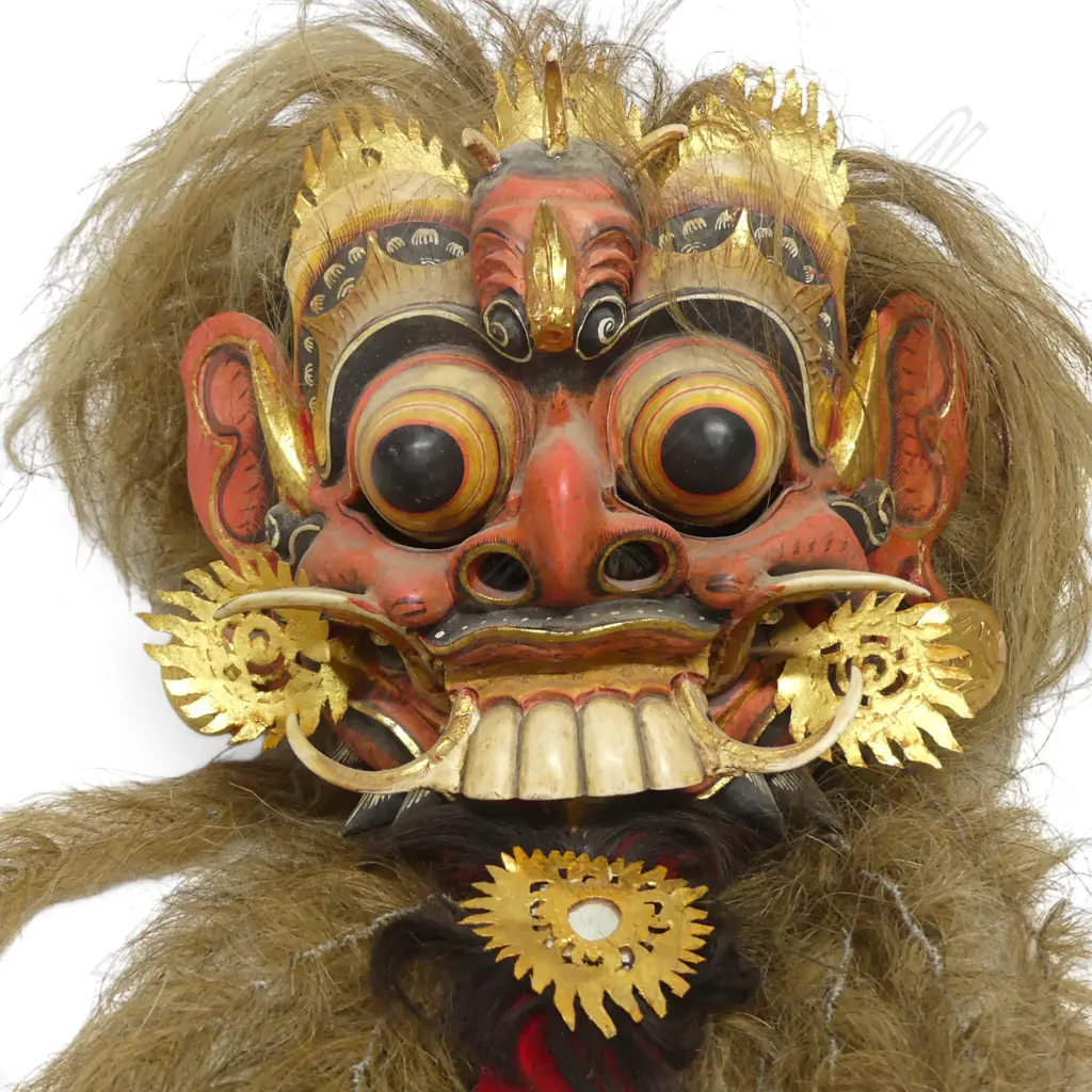 INDONESIAN HAND CARVED TRADITIONAL RED & GOLD RANGDA MASK OF THE DEMON QUEEN (FORCES OF EVIL & DARK MAGIC. L.700MM Image 1++