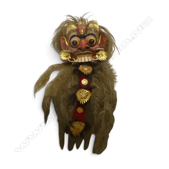 INDONESIAN HAND CARVED TRADITIONAL RED & GOLD RANGDA MASK OF THE DEMON QUEEN (FORCES OF EVIL & DARK MAGIC. L.700MM