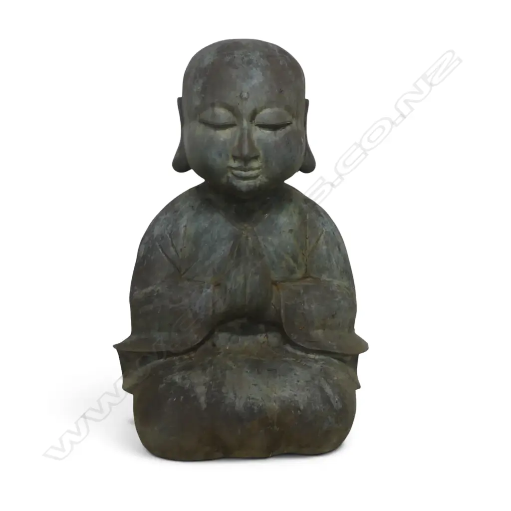 OUTDOOR METAL BRONZE FINISHED PRAYING YOUNG MONK MEDITATING, VERDIGRIS PATINA,850 X 570MM Image 1++