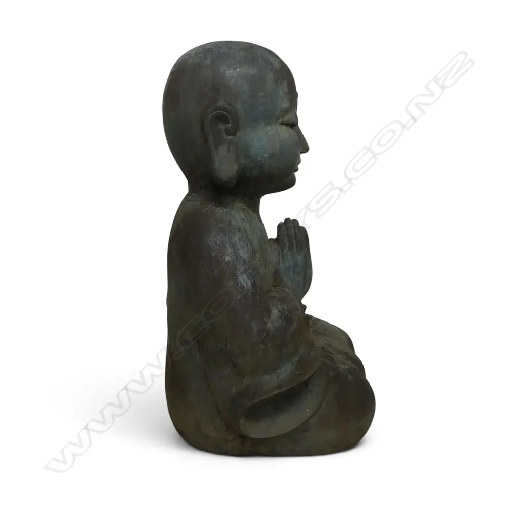 OUTDOOR METAL BRONZE FINISHED PRAYING YOUNG MONK MEDITATING, VERDIGRIS PATINA,850 X 570MM Image 1++