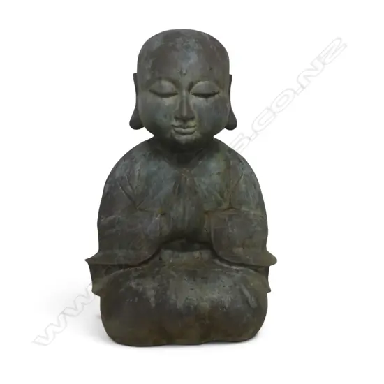 OUTDOOR METAL BRONZE FINISHED PRAYING YOUNG MONK MEDITATING, VERDIGRIS PATINA,850 X 570MM