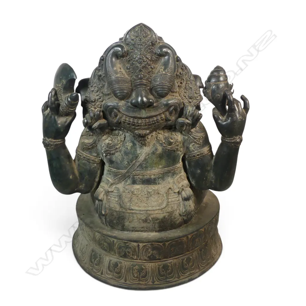 IMPRESSIVE JAVANESE DOUBLE SIDED BRONZE OF GANESHA WITH A PROTECTIVE BARONG SPIRIT AT THE BACK, AGED PATINA 700 X 500MM Image 1++