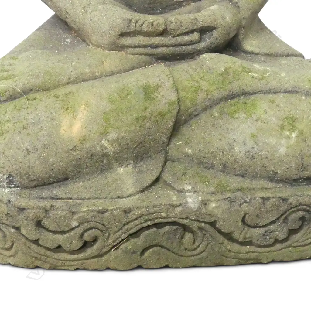 HEAVY INDONESIAN HAND CAST LAVA STONE GARDEN STATUE  OF BUDDHA IN DHYANA MUDRA POSTURE, GREEN PATINA, 700 X 470MM Image 1++