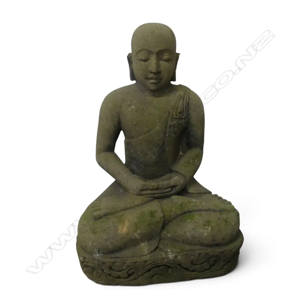 HEAVY INDONESIAN HAND CAST LAVA STONE GARDEN STATUE  OF BUDDHA IN DHYANA MUDRA POSTURE, GREEN PATINA, 700 X 470MM Image 1++