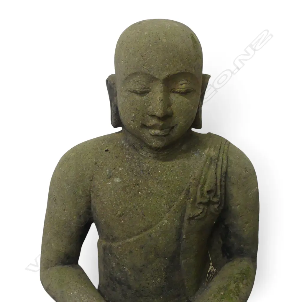 HEAVY INDONESIAN HAND CAST LAVA STONE GARDEN STATUE  OF BUDDHA IN DHYANA MUDRA POSTURE, GREEN PATINA, 700 X 470MM Image 1++