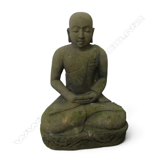 HEAVY INDONESIAN HAND CAST LAVA STONE GARDEN STATUE  OF BUDDHA IN DHYANA MUDRA POSTURE, GREEN PATINA, 700 X 470MM