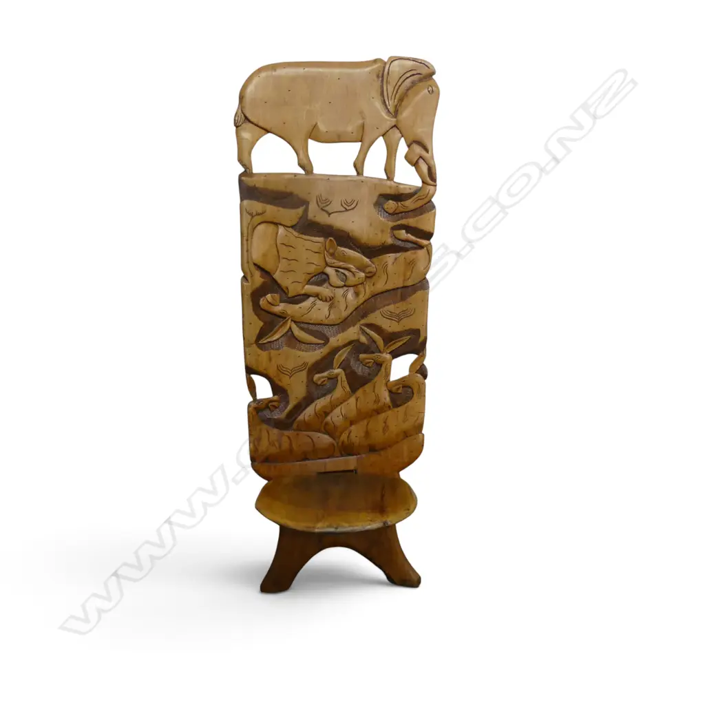TRADITIONAL PORTABLE HAND CARVED EAST AFRICAN BIRTHING CHAIR WITH WILDLIFE CARVINGS, 1330 X 500MM Image 1++
