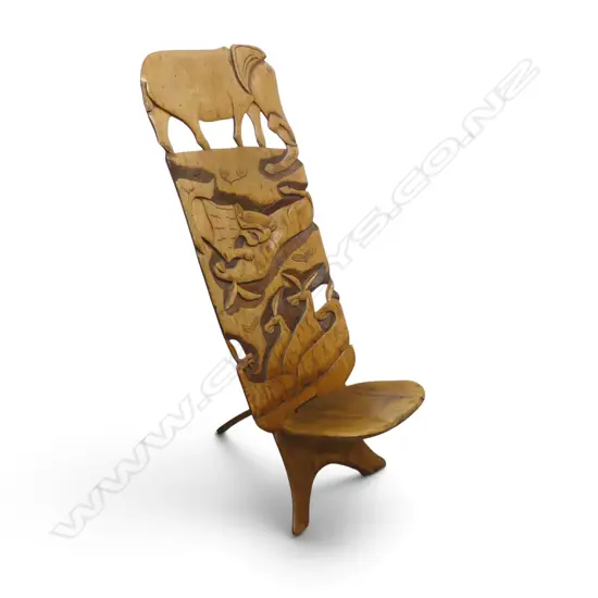 TRADITIONAL PORTABLE HAND CARVED EAST AFRICAN BIRTHING CHAIR WITH WILDLIFE CARVINGS, 1330 X 500MM
