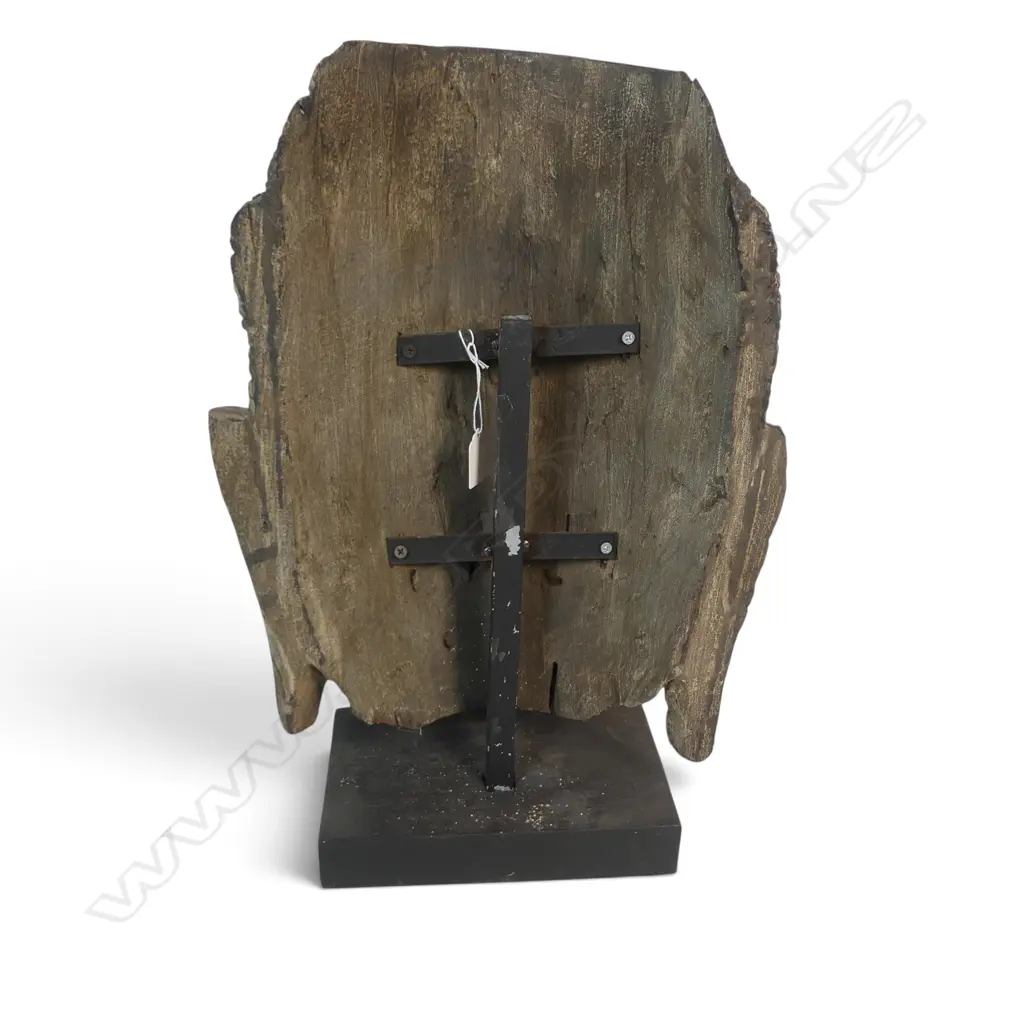 KHMER STYLE  MONTED LARGE HAND CARVED WOODEN BUDDHA HEAD WITH REDDISH PATINA, CRACK ON THE LEFT SIDE, 450 X 400MM Image 1++
