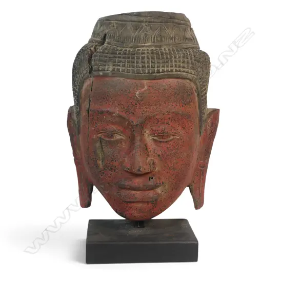 KHMER STYLE  MONTED LARGE HAND CARVED WOODEN BUDDHA HEAD WITH REDDISH PATINA, CRACK ON THE LEFT SIDE, 450 X 400MM