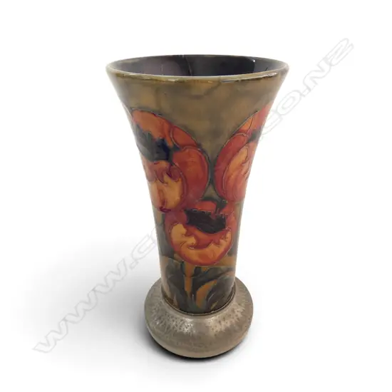 # William Moorcroft "Poppy' vase on Tudric pewter pedestal base red brown flowers cobalt ground. Restored. H.165mm
