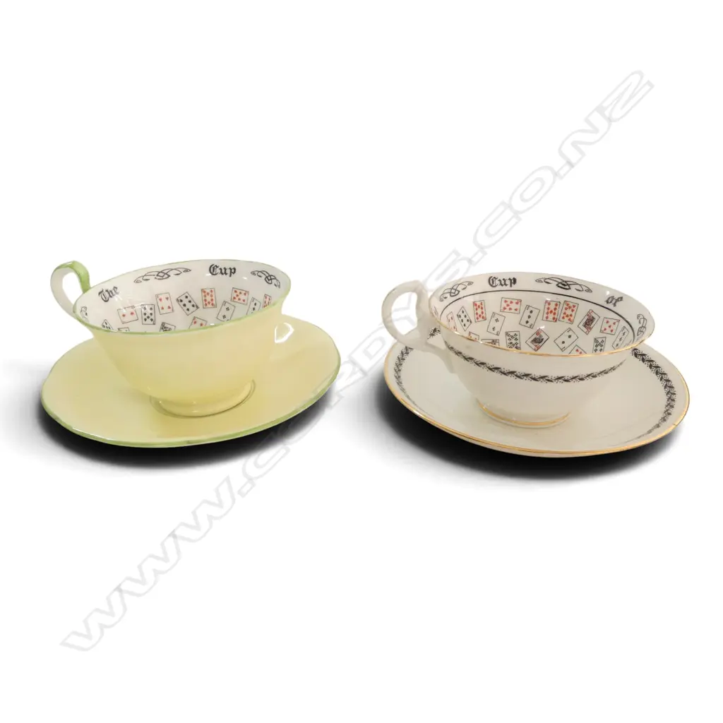 2 VINTAGE AYNSLEY CHINA FORTUNE TELLING CUP SAUCERS Image 1++