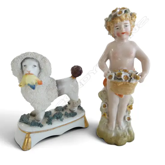PORCELAIN POODLE faults + CONTINENTAL FIGURINE of boy w. flowers H.130mm