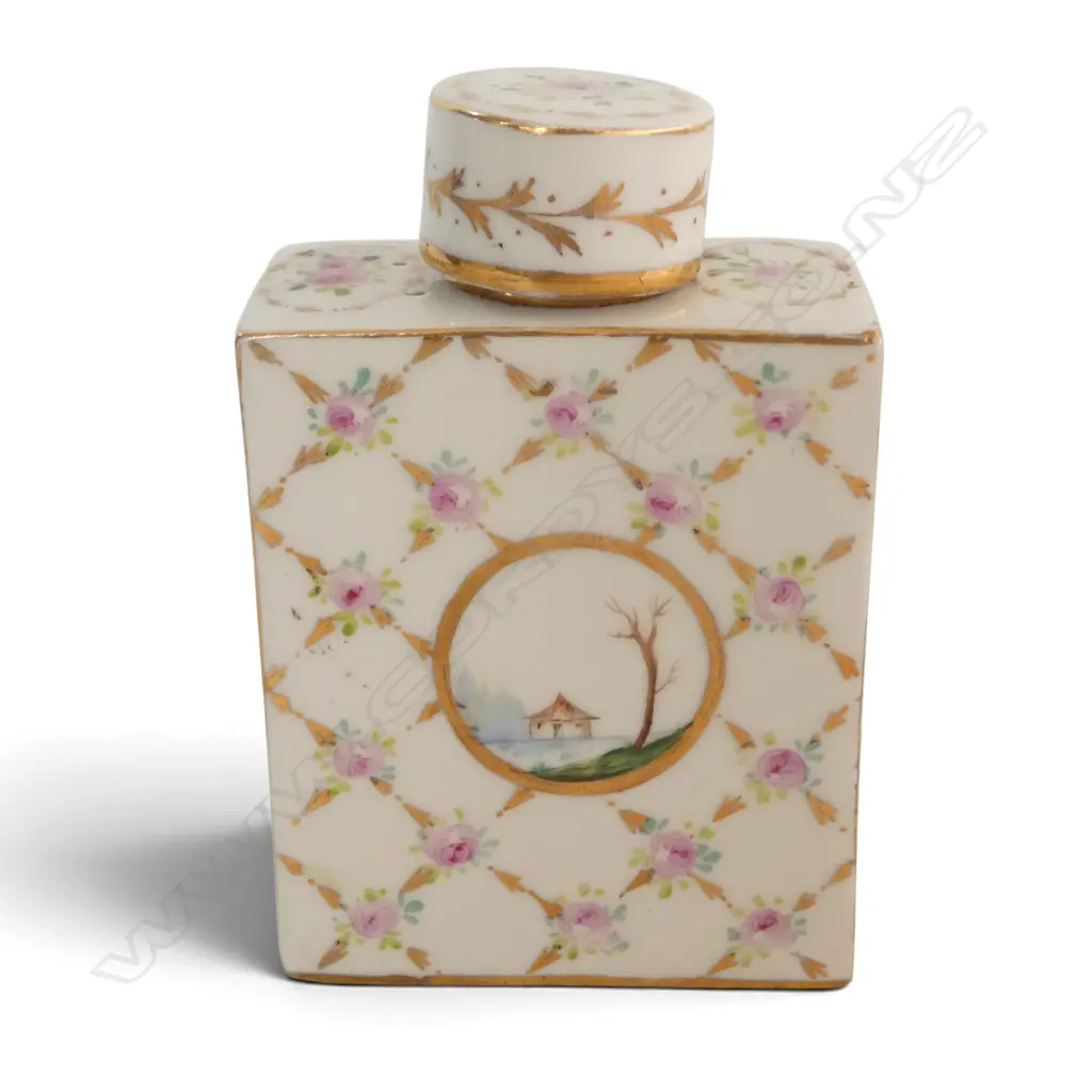 CONTINENTAL HAND-PAINTED PROCELAIN TEA CADDY cork stopper H.115mm Image 1++