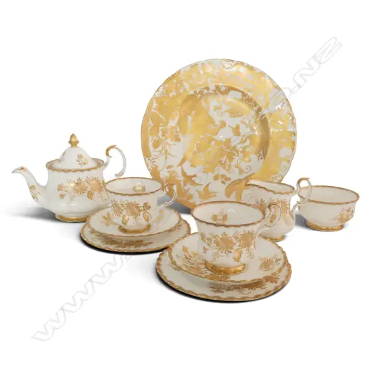 ROYAL ALBERT GOLDEN GLORY TEA SET WITH TWO TRIOS, MILK JUG, TEA POT ETC