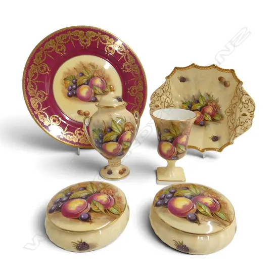6 PCES AYNSLEY CHINA; PLATE 270mm dia, DISH, 2 LIDDED CONTAINERS, URN & VASE