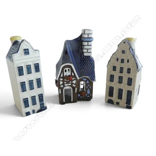 3 MINIATURE CERAMIC HOUSES, 2 AMSTERDAM, 1 LITHUANIAN, H.120mm
