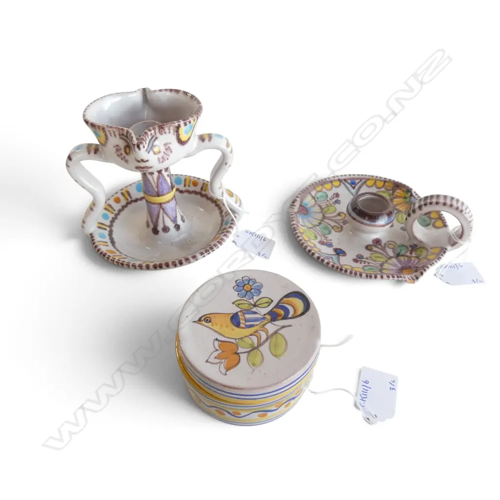3PCS ITALIAN PINTO CHINA 2 CANDLESTICKS & LIDDED BOX DIA 90MM Image 1++