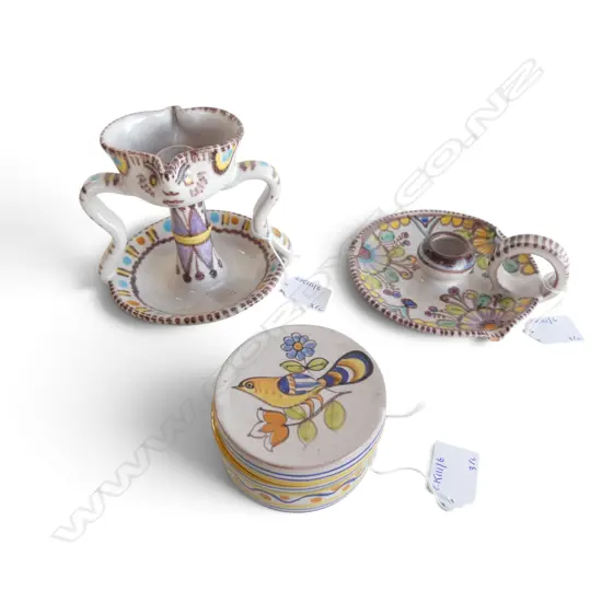 3PCS ITALIAN PINTO CHINA 2 CANDLESTICKS & LIDDED BOX DIA 90MM