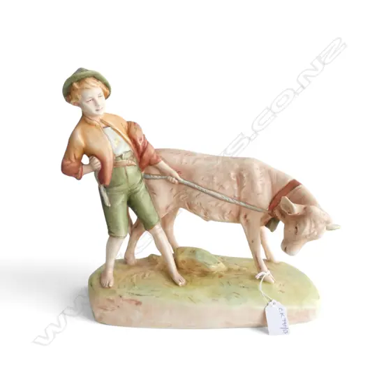 FIGURINE, BOY w. COW, CZECHOSLOVAKIA EARLY 20thC 280x135x290mm