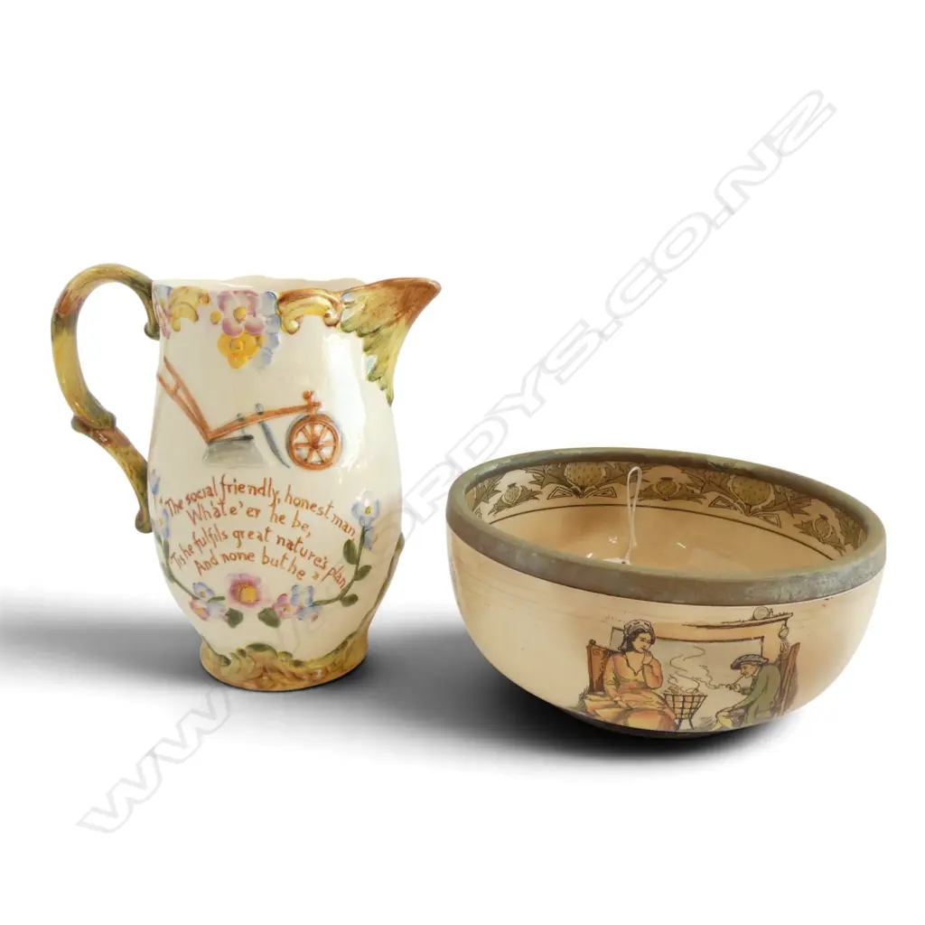 ROYAL DOULTON ROBERT BURNS BOWL w. pewter rim Dia.210 + BESWICK ROBERT BURNS JUG H.205mm Image 1++