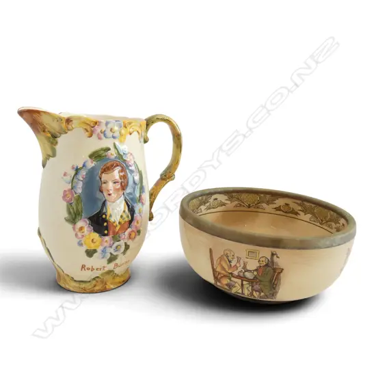 ROYAL DOULTON ROBERT BURNS BOWL w. pewter rim Dia.210 + BESWICK ROBERT BURNS JUG H.205mm