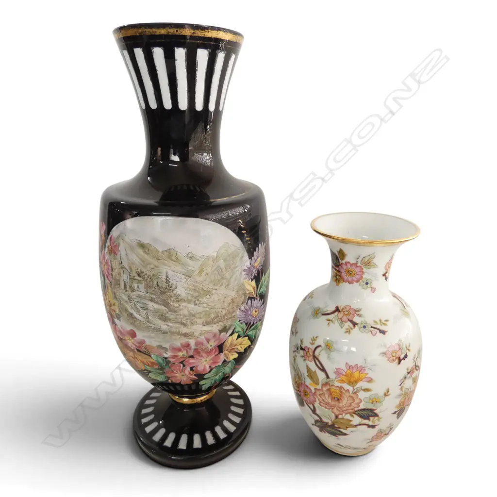 2 VASES; GERMAN H.230mm, BLACK GLASS H.380mm Image 1++