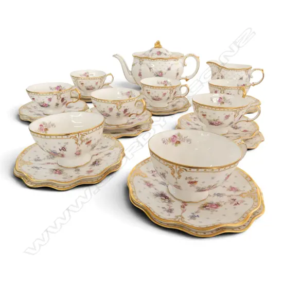 26 PCE ROYAL CROWN DERBY 'ROYAL ANTOINETTE' TEA SET; 8 TRIOS, TEAPOT, MILK JUG
