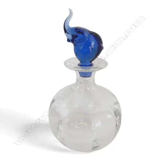 ROYAL COPENHAGEN CRYSTAL DECANTER w. BLUE ELEPHANT FORM STOPPER chip to trunk H.230mm