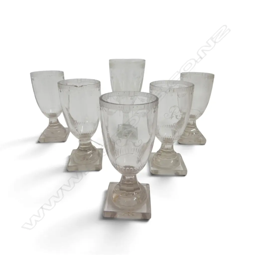 5 GEORGIAN ETCHED CRYSTAL LIQUEUR GLASSES on sqaure bases, faults commensurate w. age H.105mm Image 1++