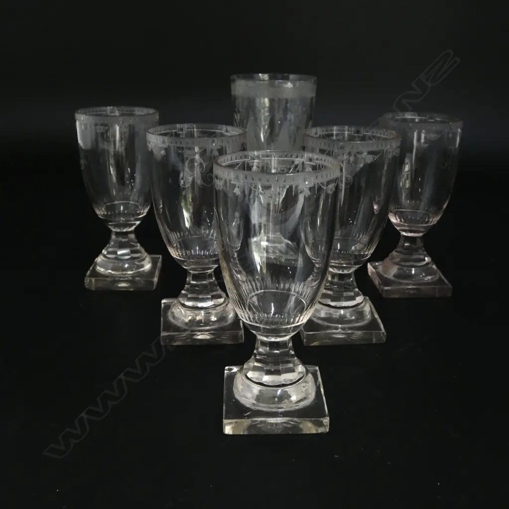 5 GEORGIAN ETCHED CRYSTAL LIQUEUR GLASSES on sqaure bases, faults commensurate w. age H.105mm Image 1++