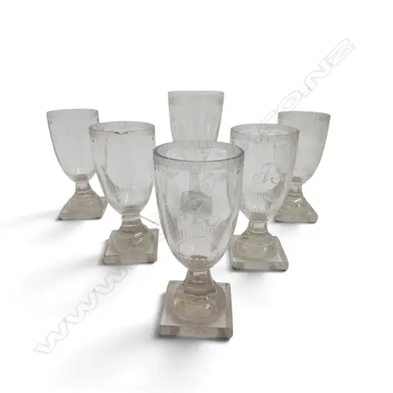 5 GEORGIAN ETCHED CRYSTAL LIQUEUR GLASSES on sqaure bases, faults commensurate w. age H.105mm