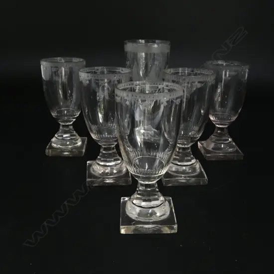 5 GEORGIAN ETCHED CRYSTAL LIQUEUR GLASSES on sqaure bases, faults commensurate w. age H.105mm