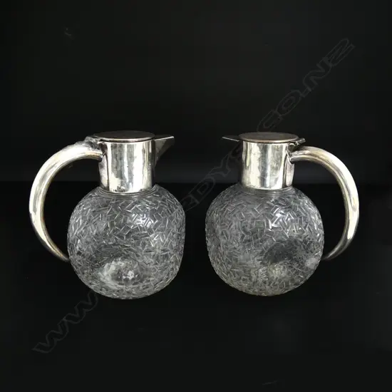 PR OF GERMAN TEXTURED GLASS JUGS w. .800 SILVER FITTINGS faults