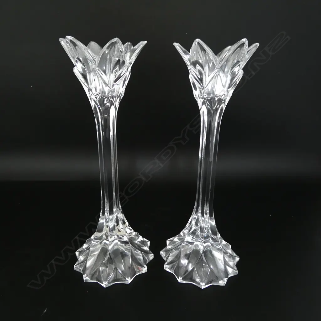 PAIR TALL PRESSED GLASS PALM FORM CANDLESTICKS H. Image 1++
