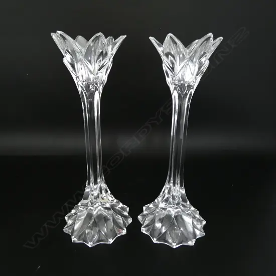 PAIR TALL PRESSED GLASS PALM FORM CANDLESTICKS H.