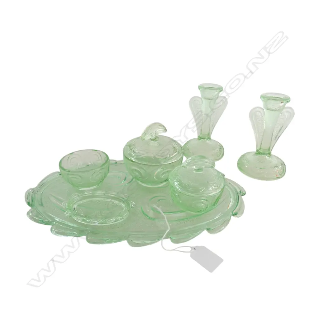 VINTAGE DECO GREEN GLASS DRESSING SET + PR CANDLESTICKS H.135mm Image 1++
