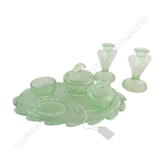 VINTAGE DECO GREEN GLASS DRESSING SET + PR CANDLESTICKS H.135mm