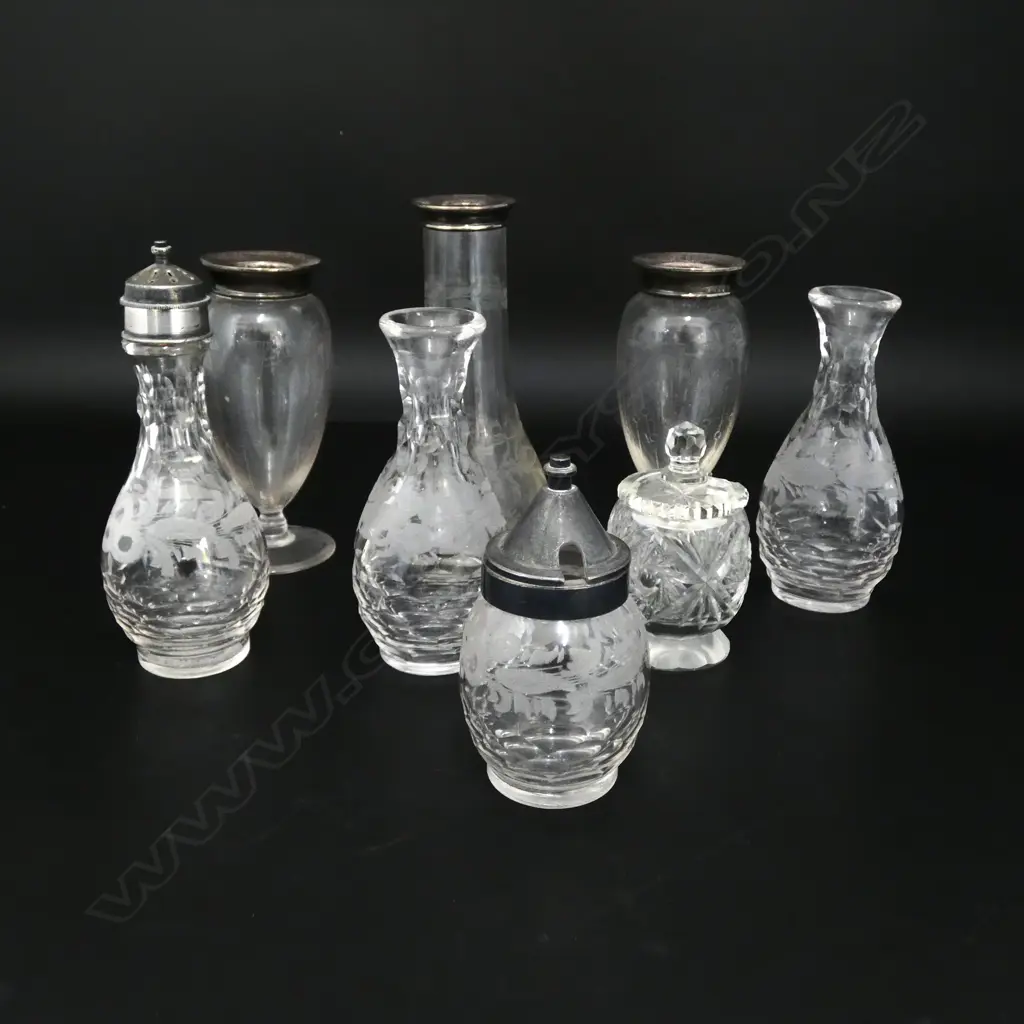 3 SILVER RIMMED early 20thC glass VASES + 5 OTHERS Image 1++